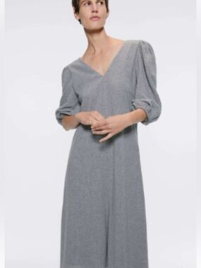 Zara Gray V-Neck Midi Dress with Puff Sleeves